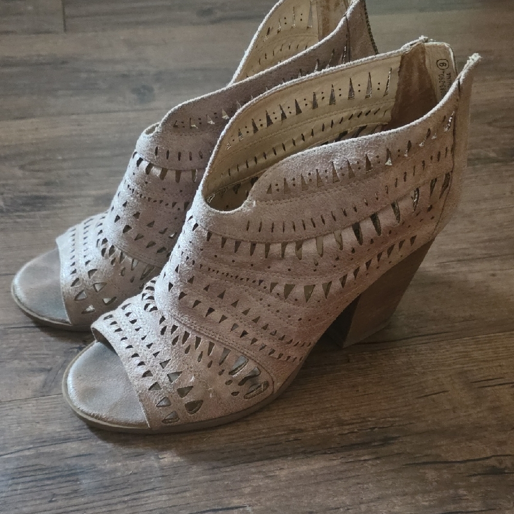 Not Rated Taupe Suede Cutout Peep-Toe Block Heel Booties